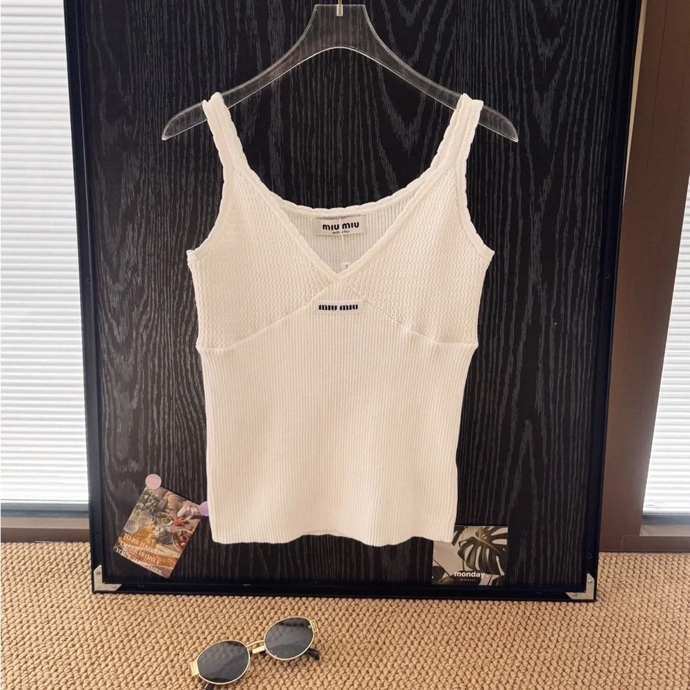 Miu Miu White Ribbed Knit Camisole Tank Top